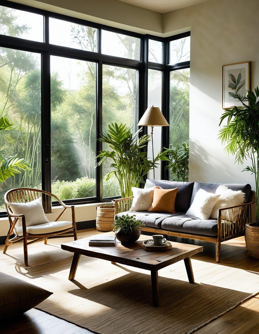 A serene living room featuring eco-friendly furnishings like a reclaimed wood coffee table, bamboo chairs, and organic cotton cushions. Sunlight streams through large windows, illuminating lush indoor plants that enhance the natural atmosphere. Incorporate stylish decorations that symbolize sustainability, such as recycled art and low-energy lighting. The overall vibe should evoke a sense of calm and connection to nature. super-realistic. vibrant colors. natural light.