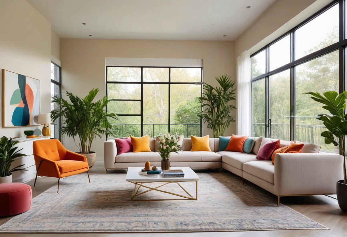 A stylish living room showcasing innovative furniture, featuring a modular sofa, a sleek coffee table with geometric design, and a vibrant accent chair. The room is adorned with modern decor, indoor plants, and large windows letting in natural light. Use a contemporary color palette with pops of bright colors to convey a fresh and inviting atmosphere. super-realistic. vibrant colors. soft lighting.